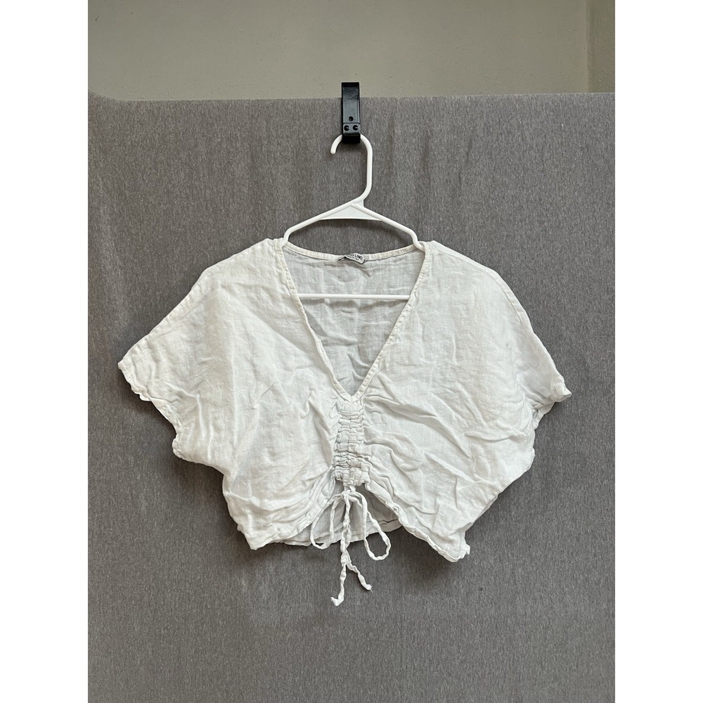 Puro Lino White 100% Linen Tunic Top Sz S Short Sleeve Crop Lagenlook